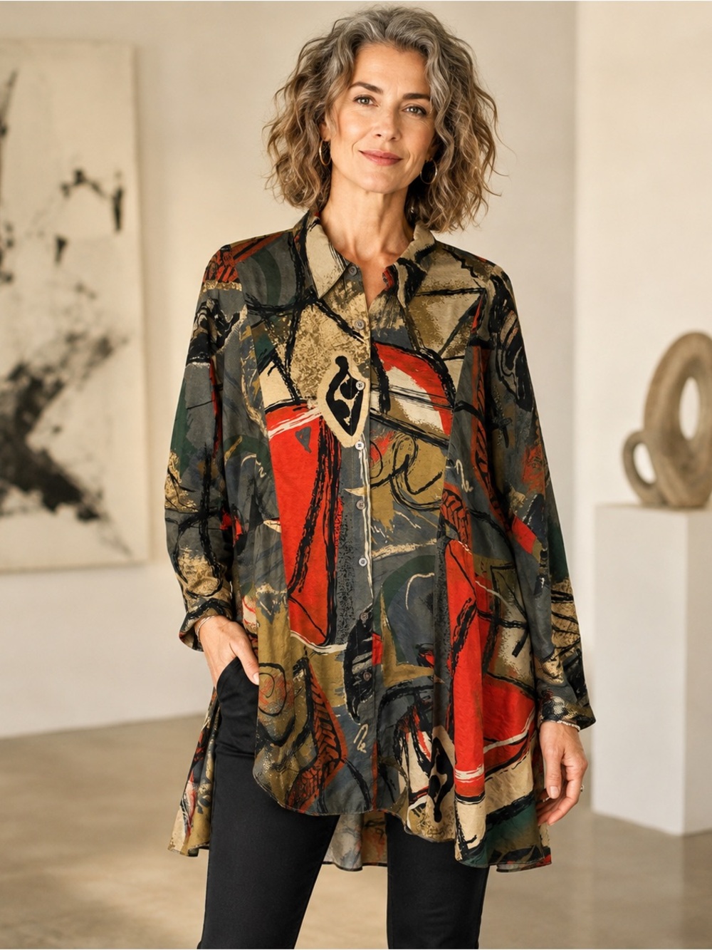 John Mark Art to Wear Abstract Cubist Lagenlook Tunic Blouse Large Art to wear